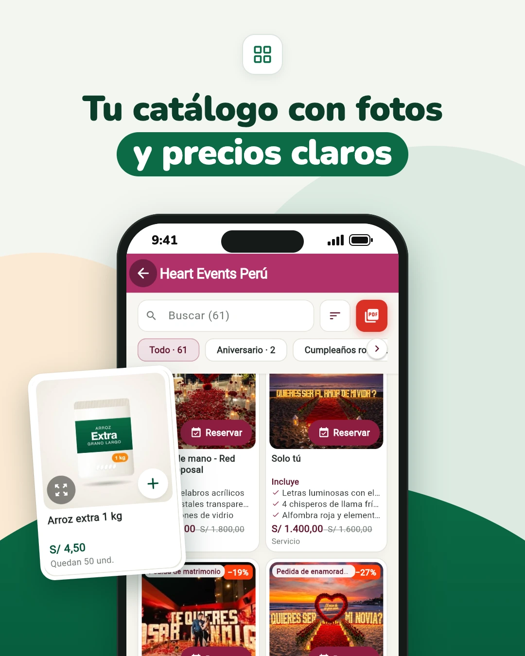 Captura de la app PuestoYa: catálogo de Heart Events Perú con fotos, precios y botón Reservar, y la tarjeta del producto «Arroz extra 1 kg» a S/ 4,50 de una bodega.