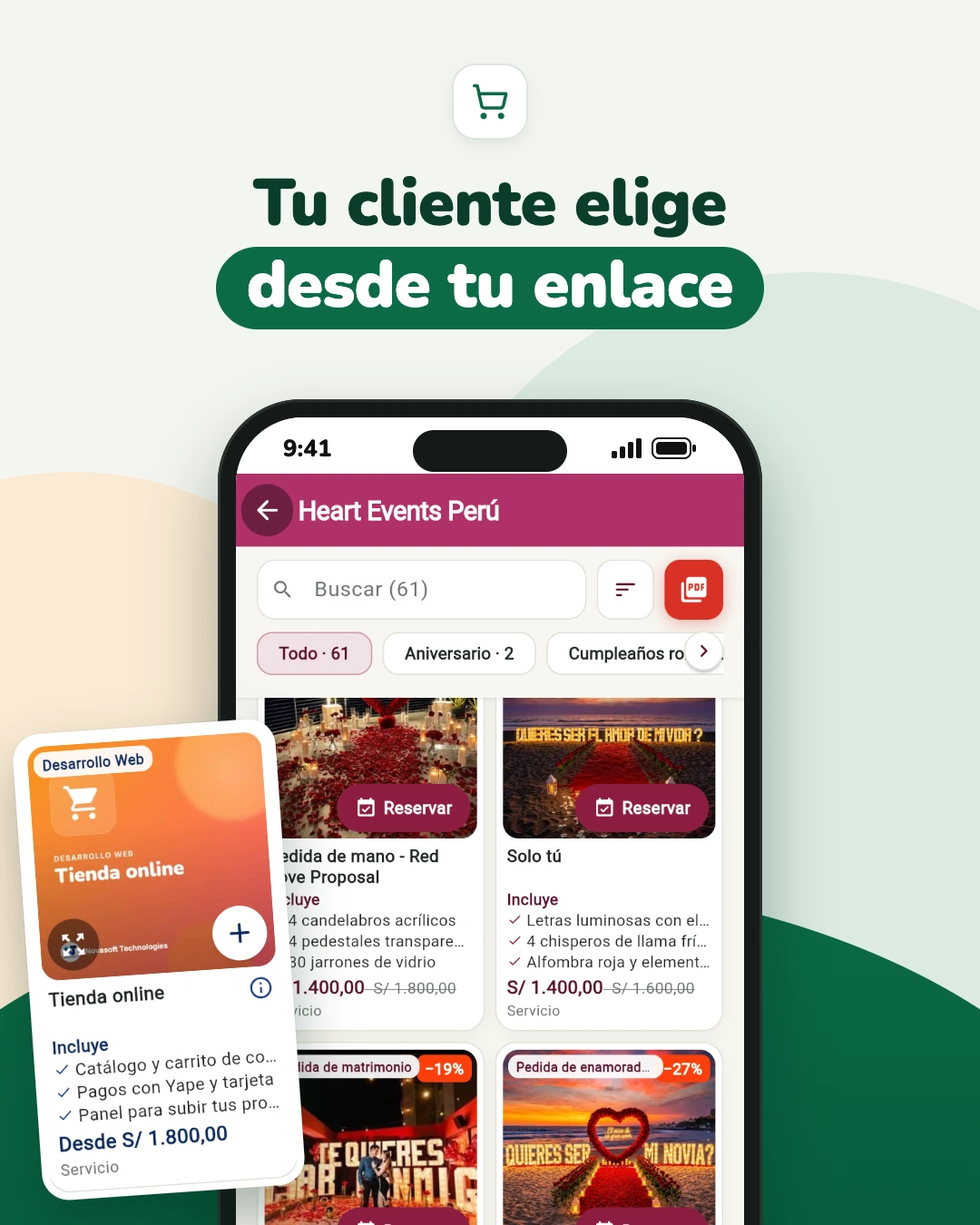 Captura del catálogo de Heart Events Perú en PuestoYa y la tarjeta «Tienda online» de Novasoft Technologies con el botón para agregar.