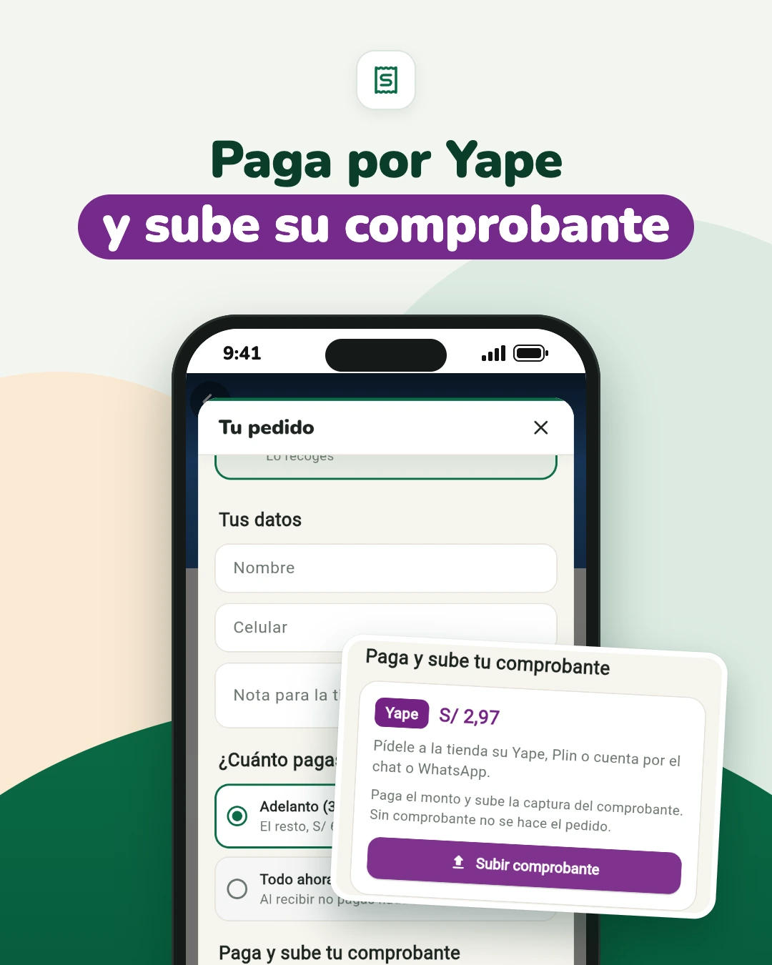 Captura de la app PuestoYa: adelanto del 30 % por Yape y la sección «Paga y sube tu comprobante» con el botón Subir comprobante.