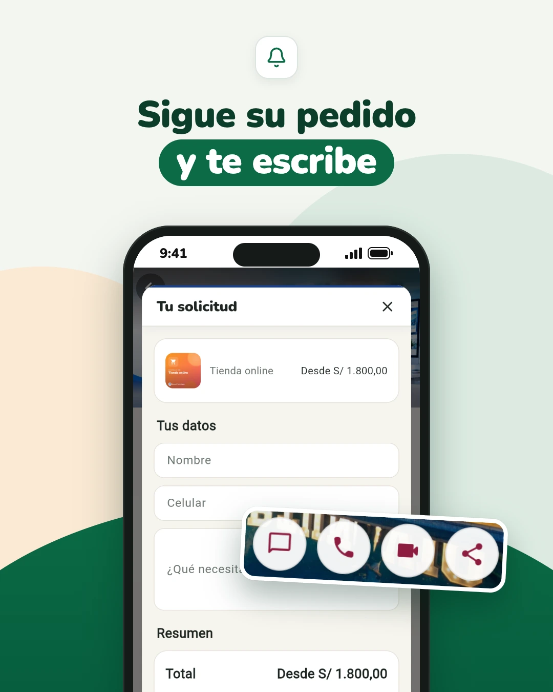 Captura de una solicitud a Novasoft Technologies en PuestoYa y los botones de la tienda para escribir, llamar, videollamar y compartir.