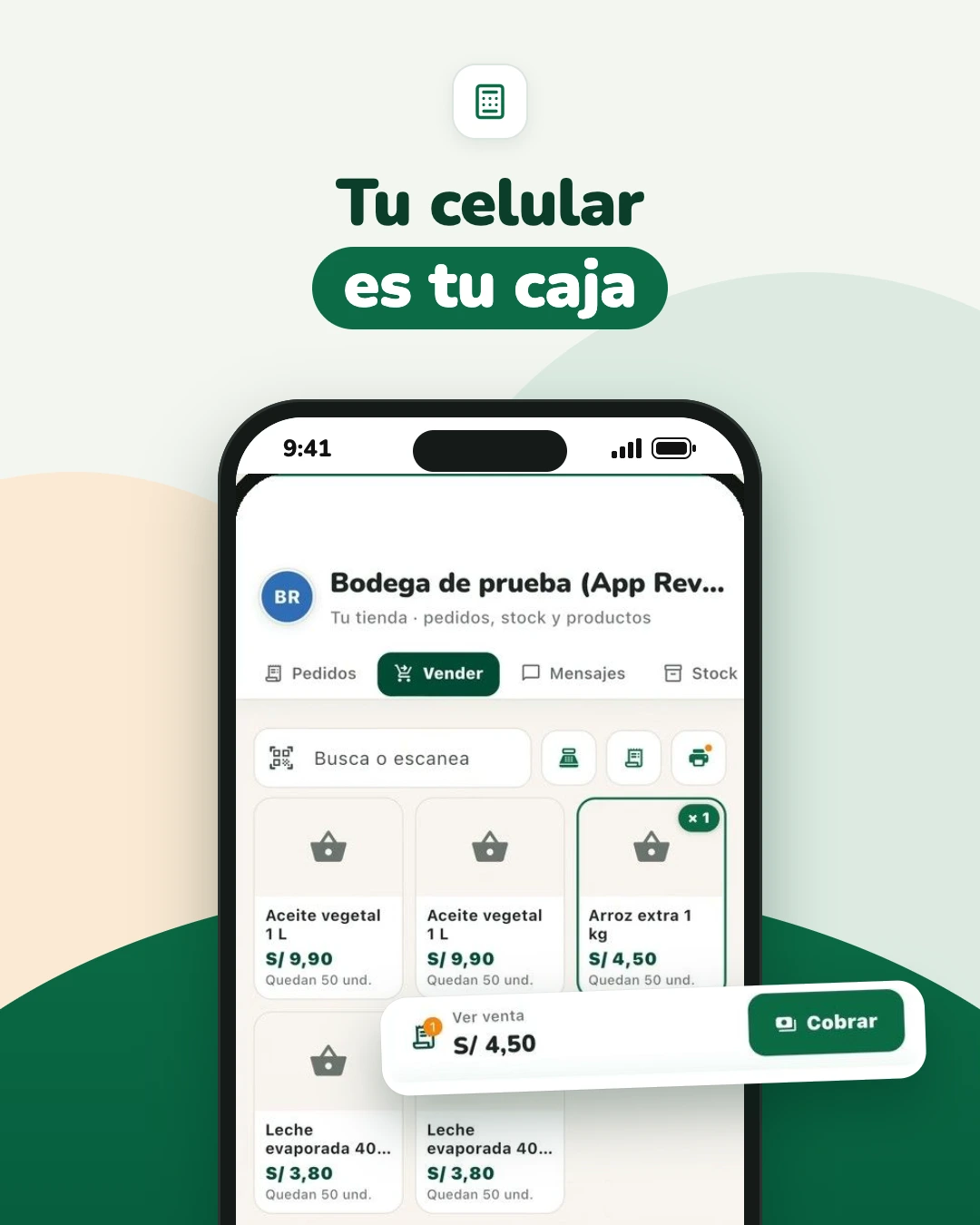 Captura de la pestaña «Vender» de PuestoYa: productos de una bodega con escáner de código de barras y la barra «Ver venta S/ 4,50 · Cobrar».