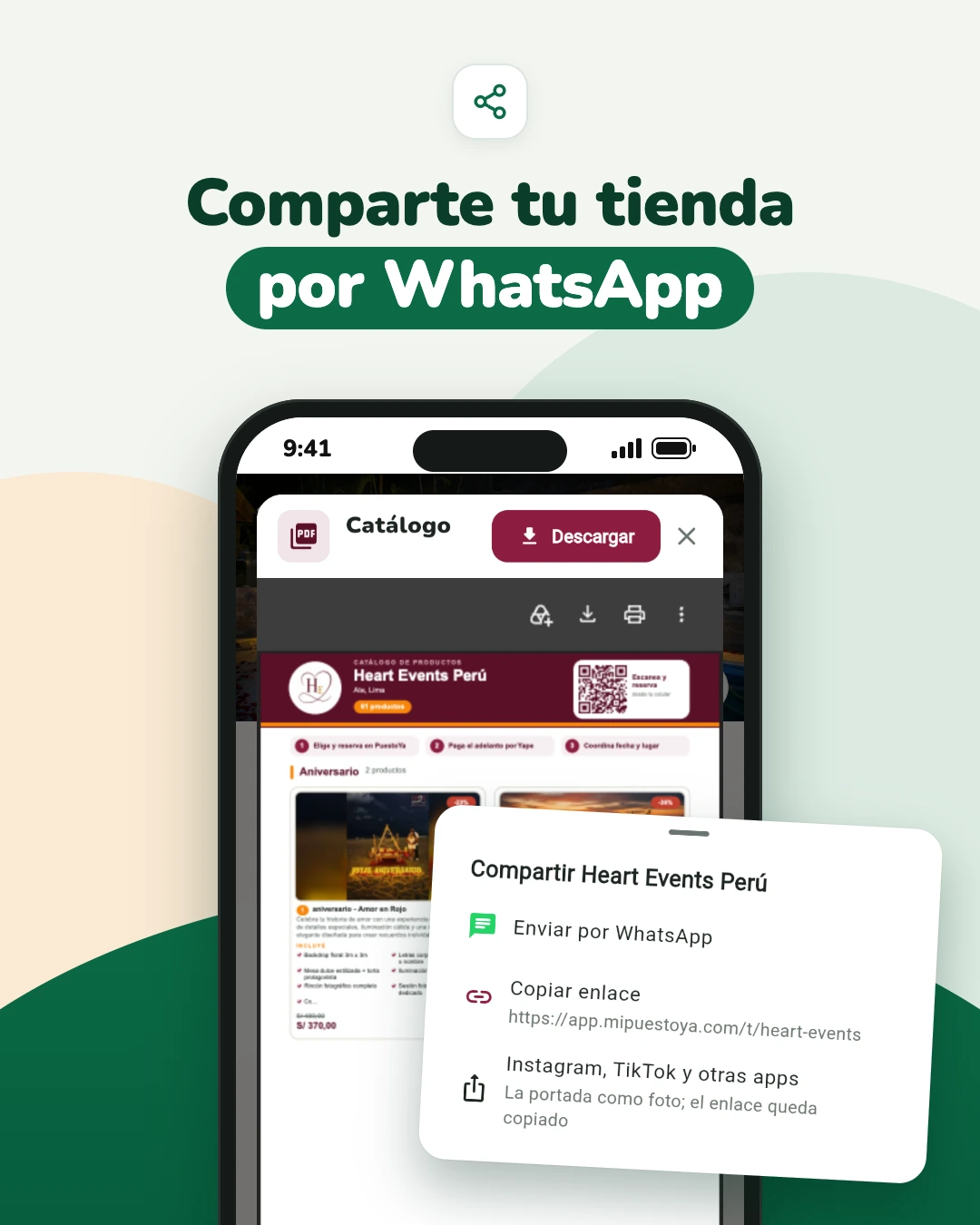 Captura de la app PuestoYa: catálogo en PDF de Heart Events Perú y el menú Compartir con Enviar por WhatsApp.