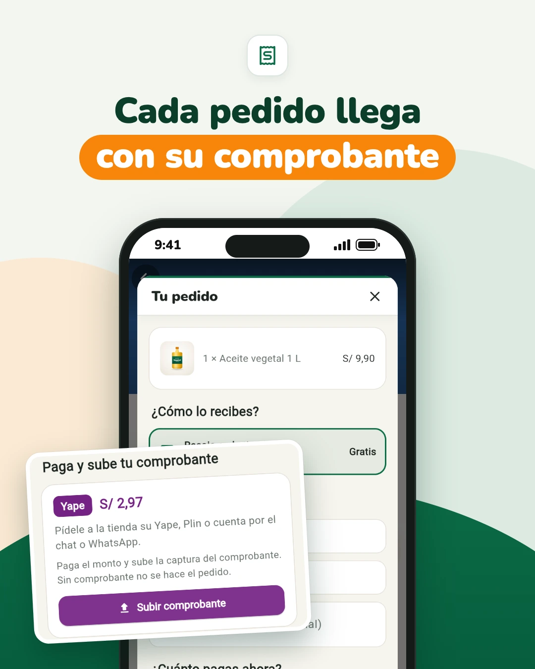 Captura de la app PuestoYa: pantalla «Tu pedido» de una bodega con recojo en tienda, y la sección «Paga y sube tu comprobante» con Yape y el botón Subir comprobante.