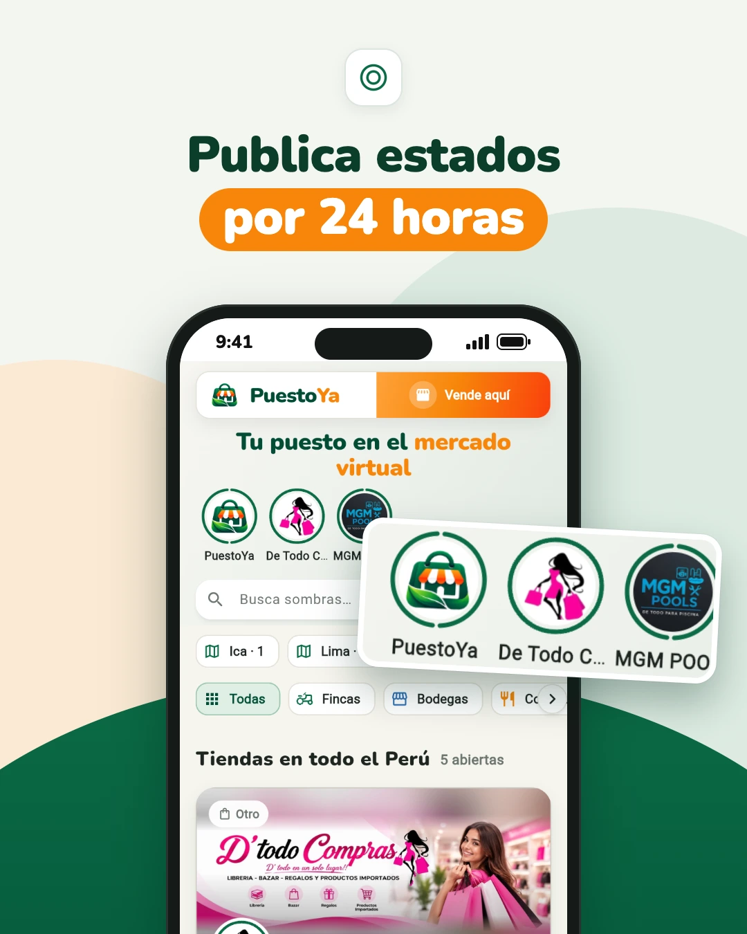 Captura del mercado de PuestoYa con los estados de las tiendas en círculos en la parte de arriba y tiendas en todo el Perú.