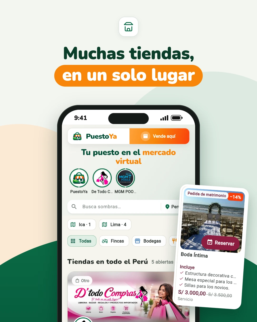 Captura del mercado de PuestoYa con estados de tiendas y «Tiendas en todo el Perú», y la tarjeta del servicio «Boda Íntima» de Heart Events Perú.