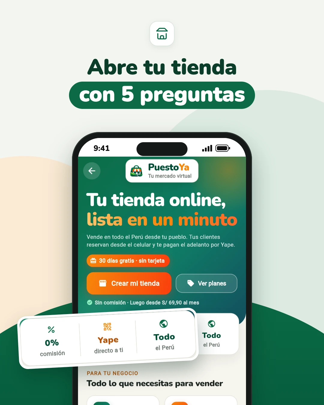 Captura de la app PuestoYa: pantalla «Tu tienda online, lista en un minuto» con 30 días gratis, 0 % de comisión y Yape directo a ti.