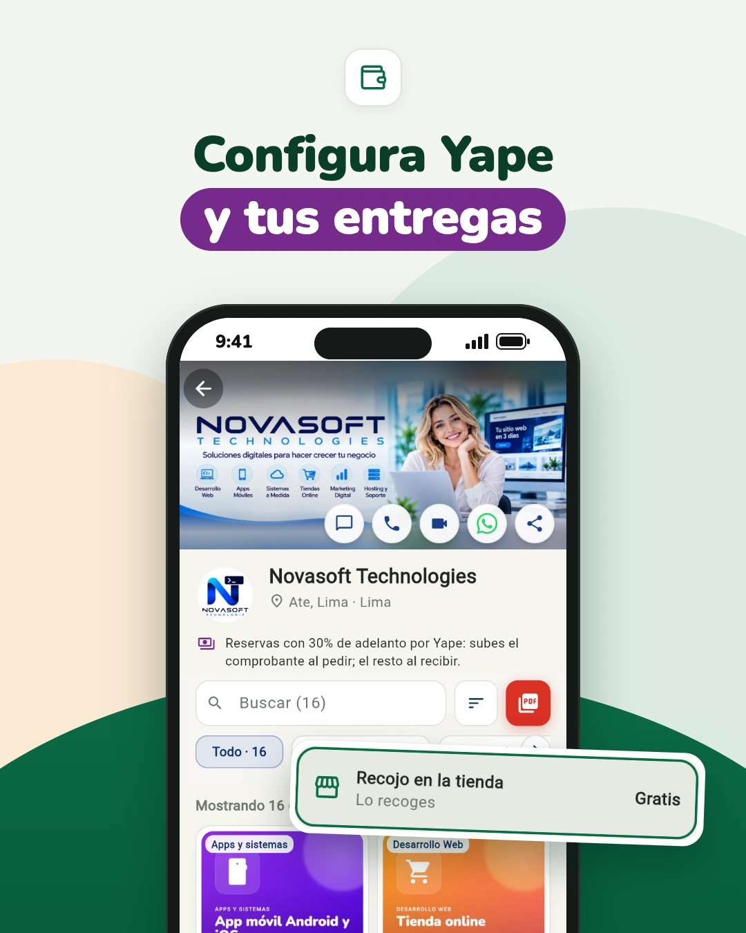 Captura de la tienda de Novasoft Technologies en PuestoYa con su aviso de adelanto por Yape, y la opción «Recojo en la tienda, gratis».
