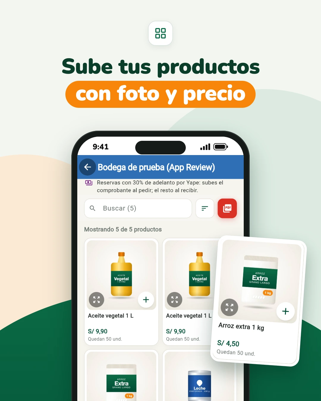 Captura de la tienda de una bodega en PuestoYa con aceite, arroz y leche con foto, precio y stock, y la tarjeta «Arroz extra 1 kg» a S/ 4,50.