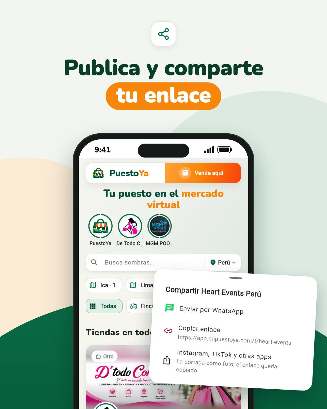 Captura del mercado de PuestoYa con «Tiendas en todo el Perú» y el menú Compartir de Heart Events Perú: Enviar por WhatsApp y Copiar enlace.