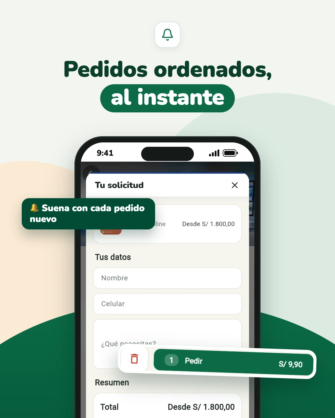 Captura de la app PuestoYa: solicitud de un servicio de Novasoft Technologies con los datos del cliente y la barra «1 Pedir S/ 9,90» de una bodega; aviso: suena con cada pedido nuevo.