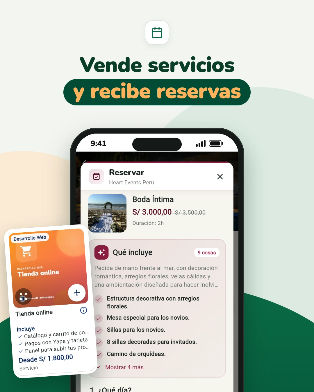 Captura de la app PuestoYa: reserva del servicio «Boda Íntima» de Heart Events Perú a S/ 3.000 con lo que incluye y la elección del día, y la tarjeta «Tienda online» de Novasoft Technologies.