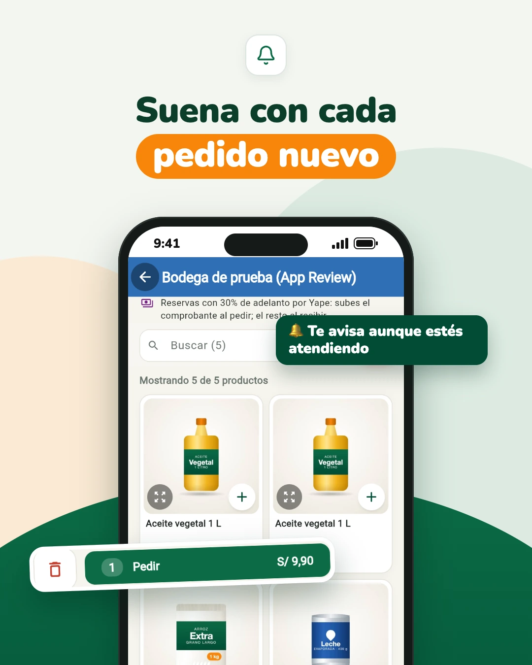 Captura de una bodega en PuestoYa con aceite, arroz y leche, y la barra «1 Pedir S/ 9,90»; aviso: suena con cada pedido nuevo.