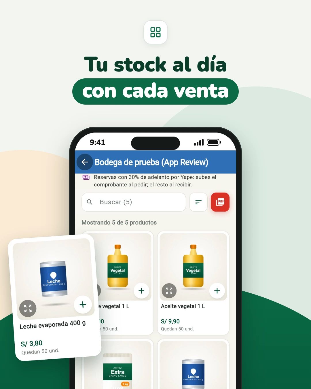 Captura de la tienda de una bodega en PuestoYa con el stock de cada producto («Quedan 50 und.») y la tarjeta «Leche evaporada 400 g» a S/ 3,80.