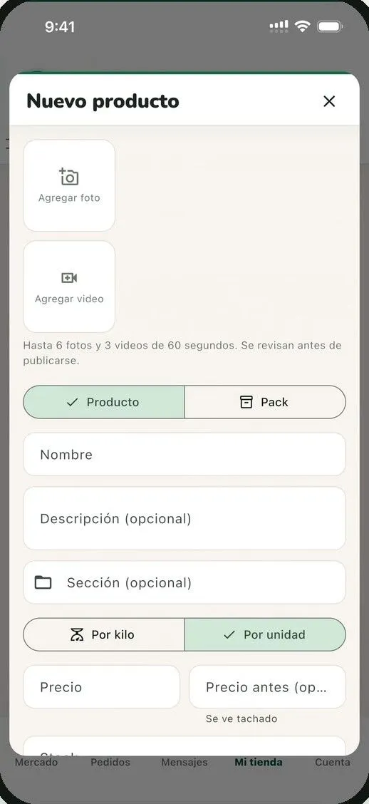 Pantalla «Nuevo producto» de PuestoYa con fotos, nombre, sección y precio