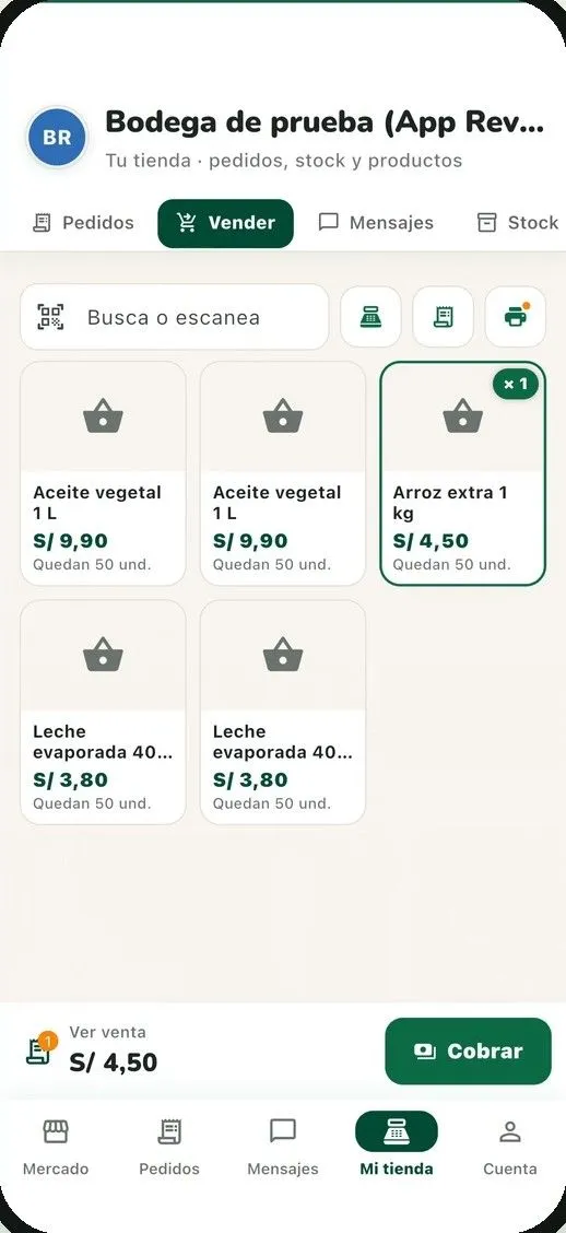 Pestaña «Vender» de PuestoYa: productos, escáner y botón Cobrar
